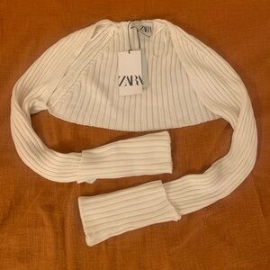 White Zara ribbed cropped bolero cardigan shrug top with cuff sleeves